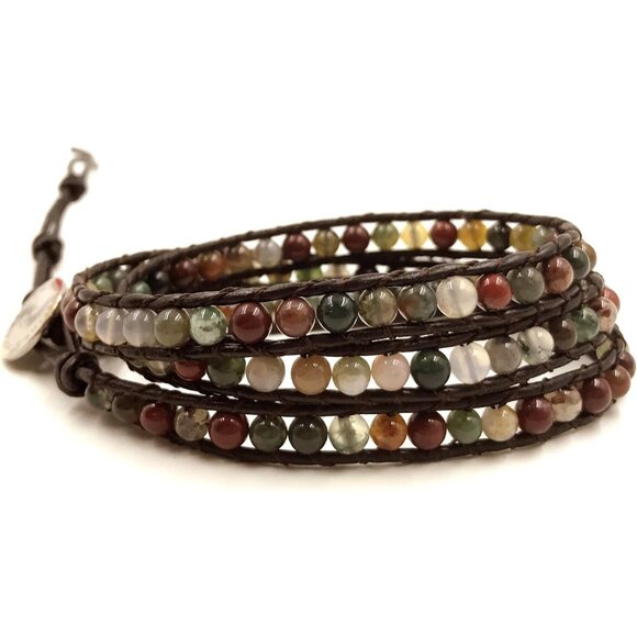 Leather Bracelet Genuine Leather Agate Stainless Steel Snap Button Wrap - Picture 5 of 7